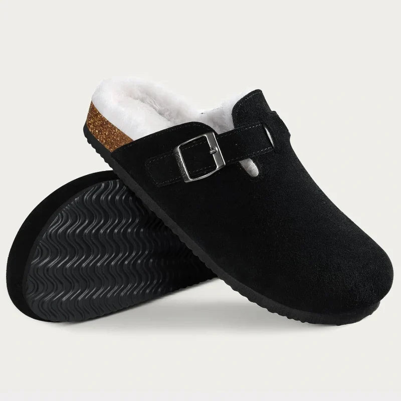 Boston Suede Slippers with Fur Lining black