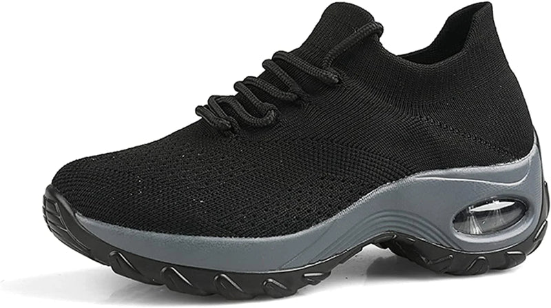 Breathable & Comfortable Knit Sneakers with High Heel black and grey