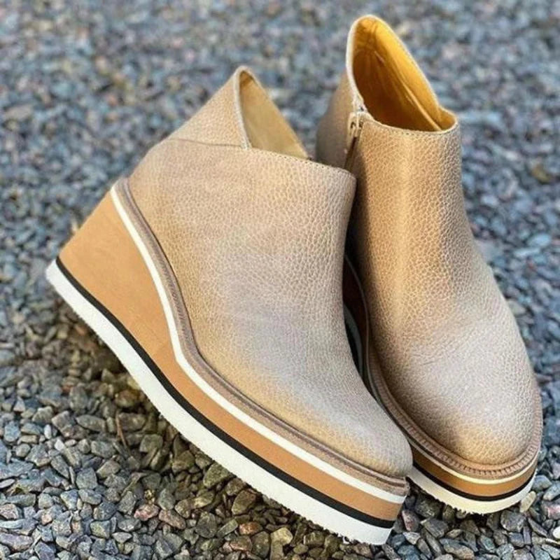 Comfortable Leather Wedge Ankle Boots beige