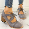 Vintage & Breathable Lace-Up Block Heels grey2