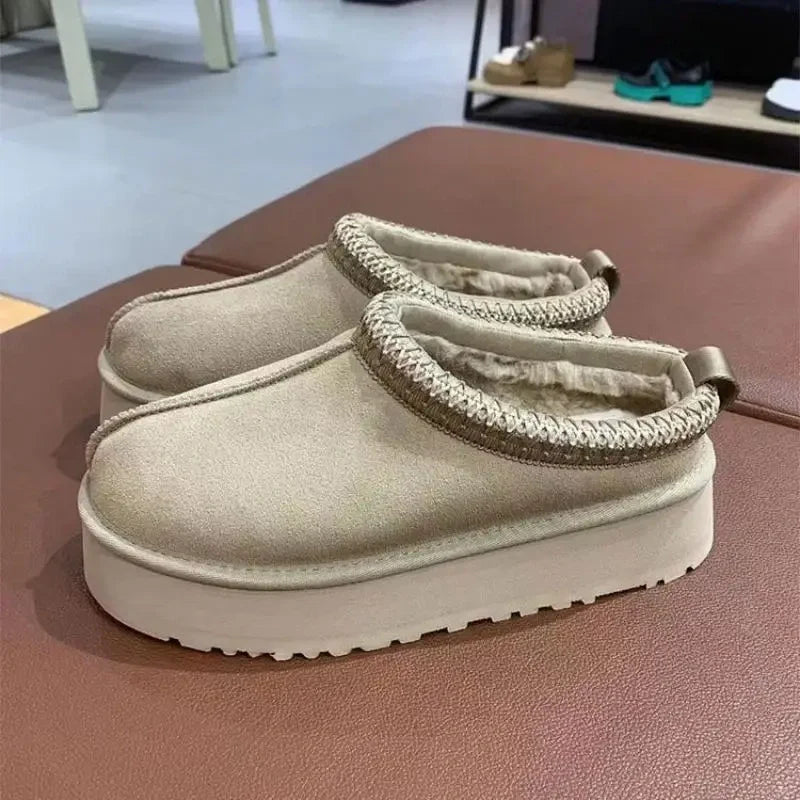 Winter Platform Fleece-Lined Slippers  beige